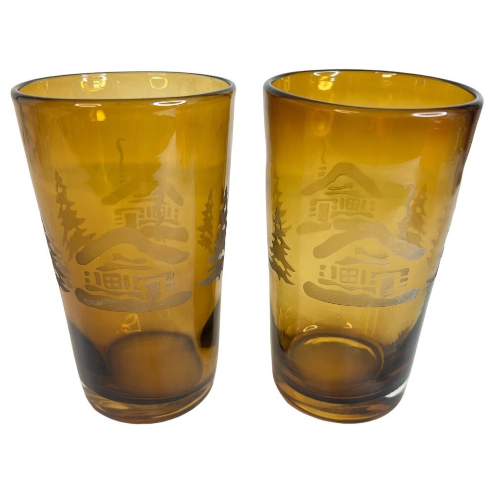 2 Home Studio Woodland Amber Glass Tumblers Etched Winter Scene 20 OZ Cabin Tree
